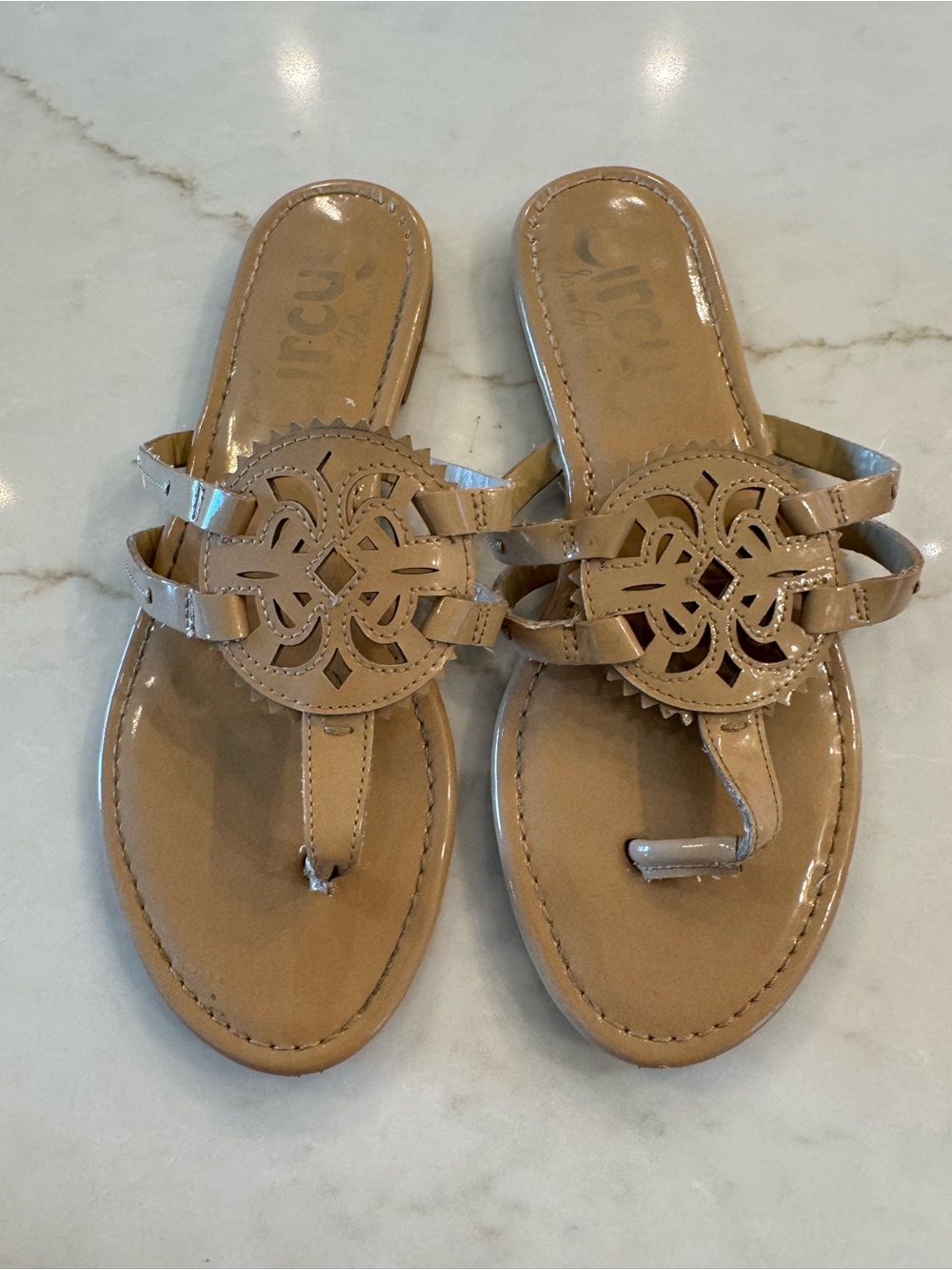 Circus by Sam Edelman Tan Patent Leather Cutout Thong Sandals